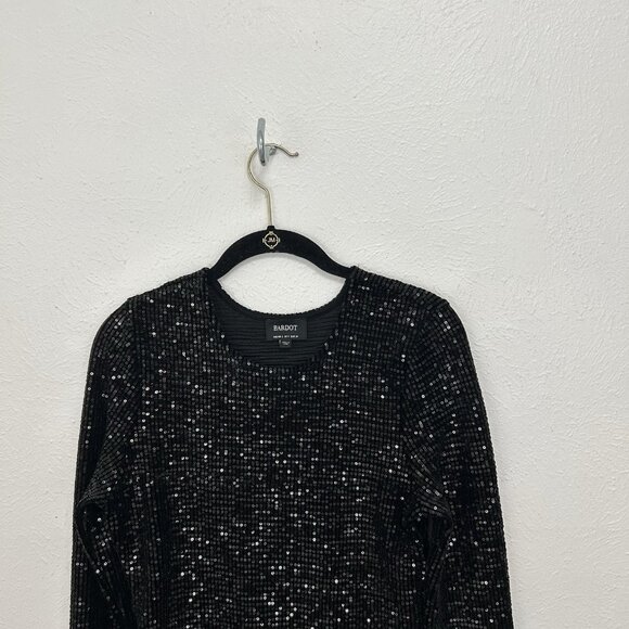 $140 Bardot Shimmer Black Long Sleeve Sequin Bodysuit Size S One-piece Holidays - Picture 3 of 11